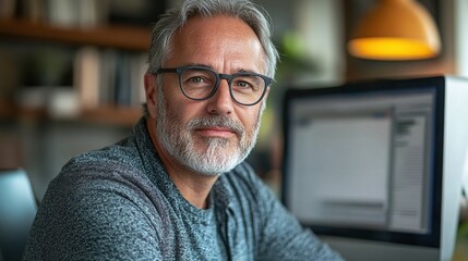 Fototapeta premium older man with gray hair and glasses engaged in computer work in an office illustrating his professional experience, mature approach, and the business environment