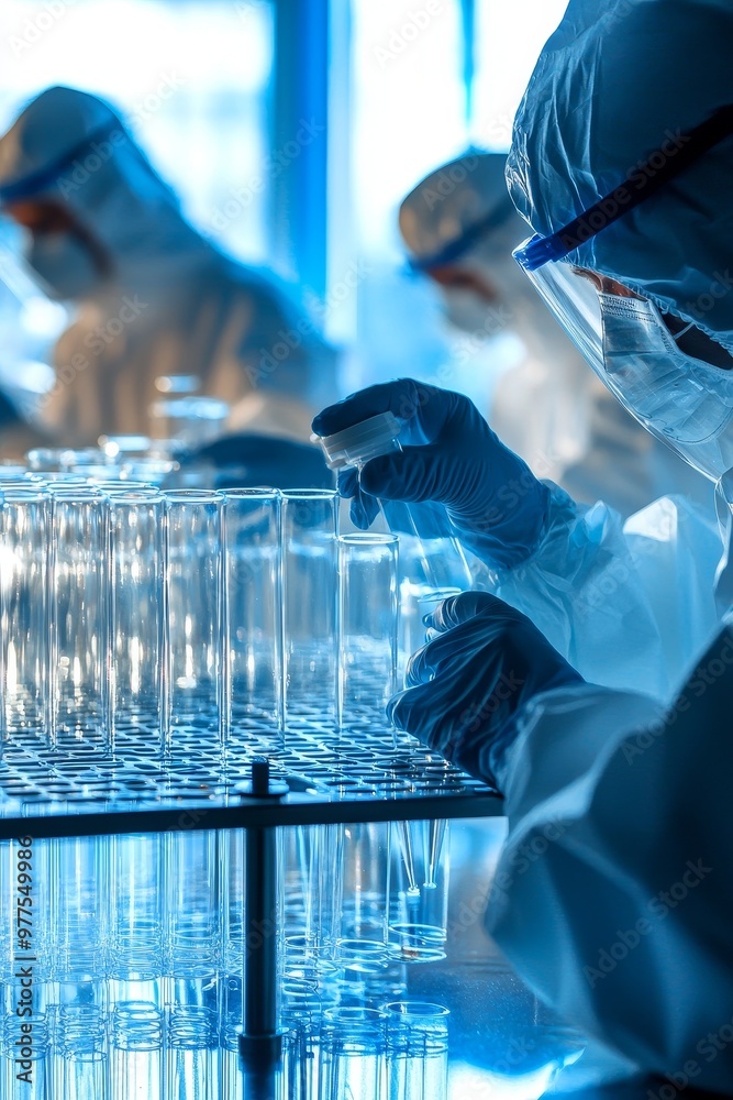 Poster researchers use microscopes in cleanroom labs to inspect microscopic materials, demonstrating their 