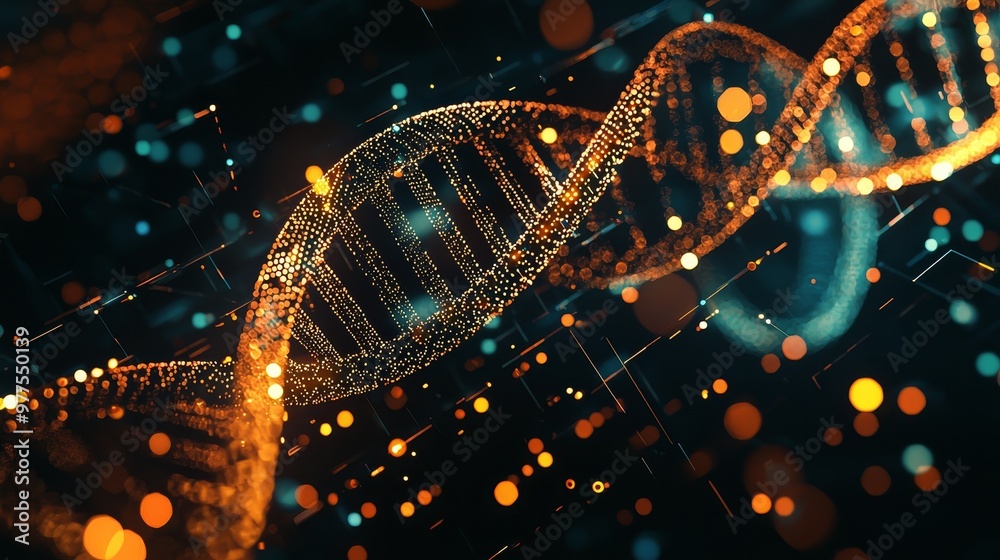 Poster Blockchain concept, data storage using DNA sequences, bioinformatics concept, biotechnology concept 3D modeling