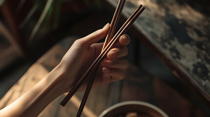 Hand holding wooden chopsticks, minimalistic dining setup  -