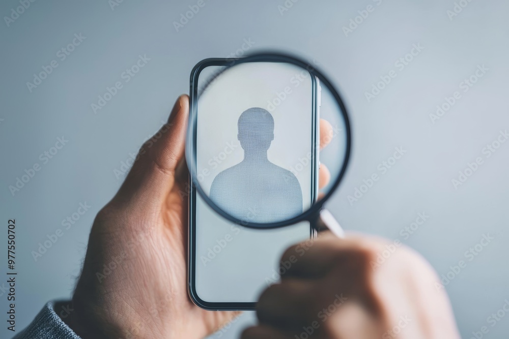 Poster Identity verification system with magnifying glass for increased financial security and access to personal financial data. Biometrics.