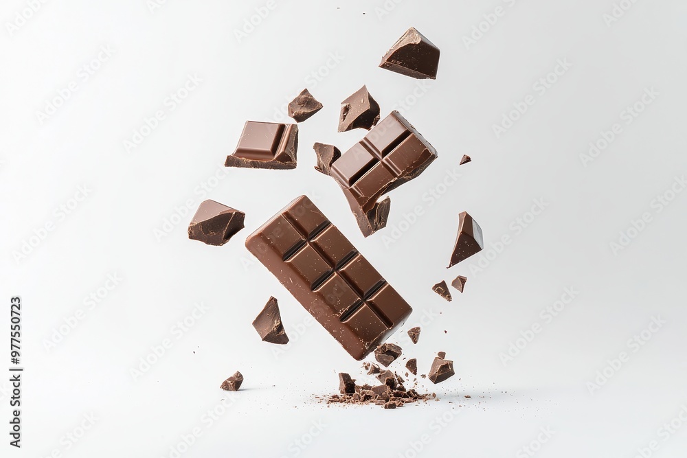 Poster this image features a falling chocolate bar wafer isolated on a background, with a choc flake on it 