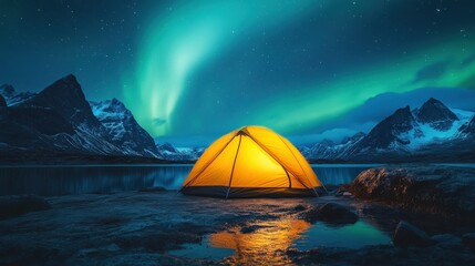 Glowing Yellow Tent Under Aurora and Starry Night Sky