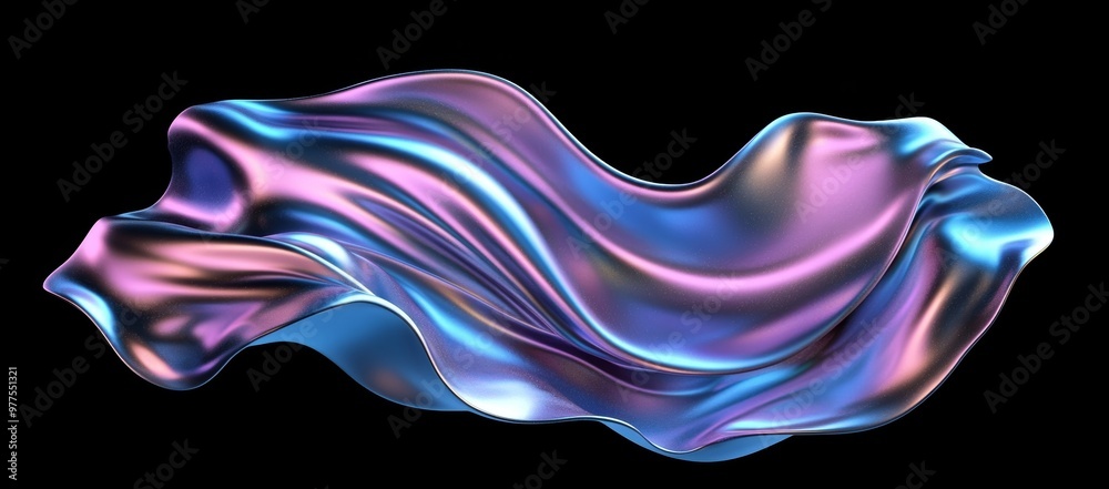 Leinwandbilder Solid holographic blob shape on black background with iridescent wavy waves.