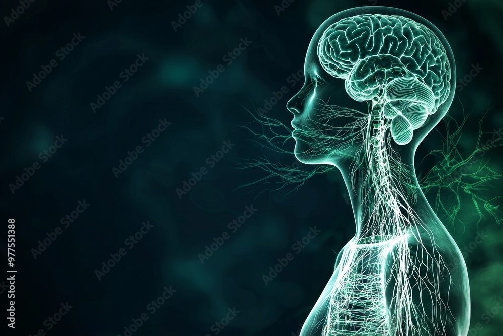 Poster the silhouette of a human body and head, shown as a hologram on a background vegetative system, is a