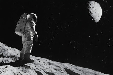 Obraz premium An astronaut stands on a lunar surface, gazing at the distant moon in a black-and-white scene.