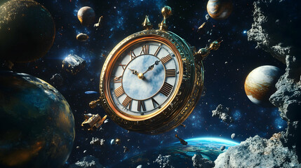 Large clock floating alongside other objects in a space-themed setting  -