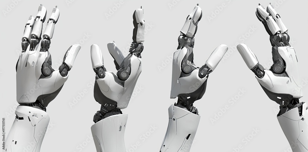 Poster The robotic hand mechanical gesture is isolated against a background of futuristic cyborg arms made of metallic with high technology.
