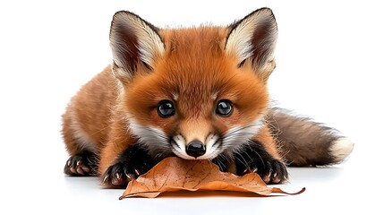 Obraz premium A playful red fox cub paws at a leaf, standing out against a white background.