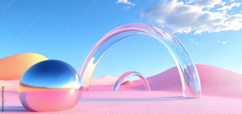 Aufkleber Stunning 3D Render, Abstract Surreal Pastel Landscape Background with Architecture and Geometry, a gorgeous gradient skyscene, a lake with clam waters, minimal style.