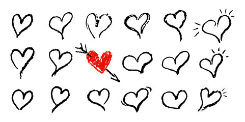 Set of black hearts and one red heart pierced by arrows. Symbols of love shapes silhouettes in marker or paint stroke style. Crayon or wax pencil drawing doodle elements. Vector illustration.