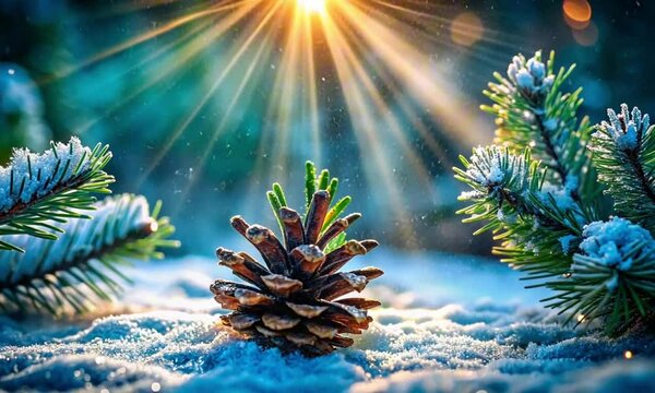 Beautiful pinecone surrounded by snow and evergreen branches with sunlight rays in a winter scene