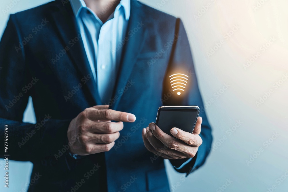 Poster Voice Recording and AI Enabled Internet Search. Businessman uses smartphone with voice icon to converse with AI chatbot.