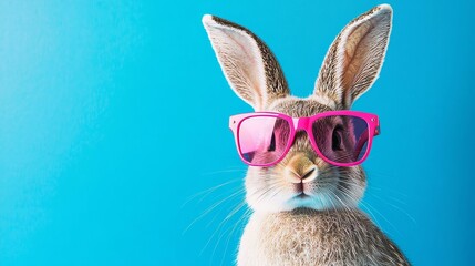 An adorable bunny wearing sunglasses on a pastel blue background