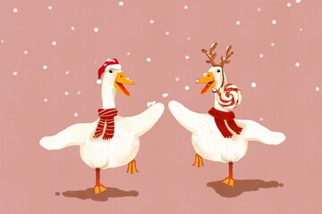 Ducks geese white Christmas, playing in the snow celebrate happily duck wrapped in a scarf in winter lovely decoration