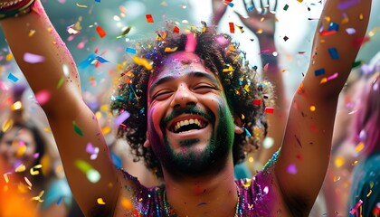 Vibrant celebration of joy and color in a lively crowd, featuring a person embraced by confetti and happiness, hands raised in festive excitement