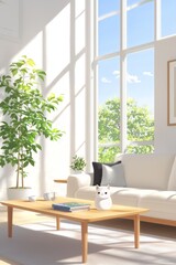 A cozy living room with a sectional sofa, wooden coffee table, and large windows that open onto a garden, blending comfort and modern design