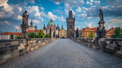 Naklejka premium Walking along the Charles Bridge, Prague, Czech Republic, offers a stroll through history on this iconic medieval stone bridge lined with baroque statues. The bridge connects the Old Town and 