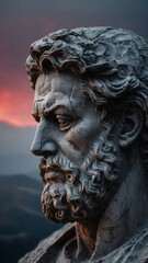 Weathered grey stone statue of a stoic Greek philosopher, showing the effects of time