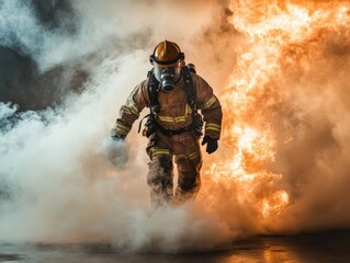 Fototapeta premium Extinguish the Fire: A Firefighter Deploys Foam to Combat the Smoke and Flames