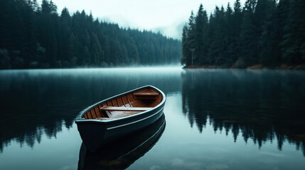 Obraz premium A solitary wooden rowboat floats on the still surface of a serene lake, surrounded by dense coniferous forest with mist gently rising above the water.
