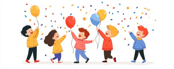 Fototapeta premium A group of children playing with confetti and balloons, excitedly celebrating the countdown to midnight and the start of the New Year