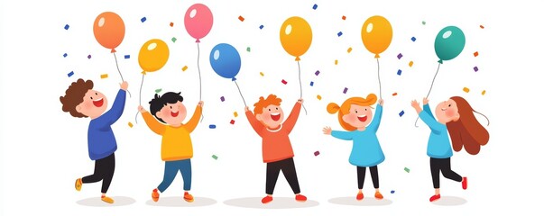Fototapeta premium A group of children playing with confetti and balloons, excitedly celebrating the countdown to midnight and the start of the New Year