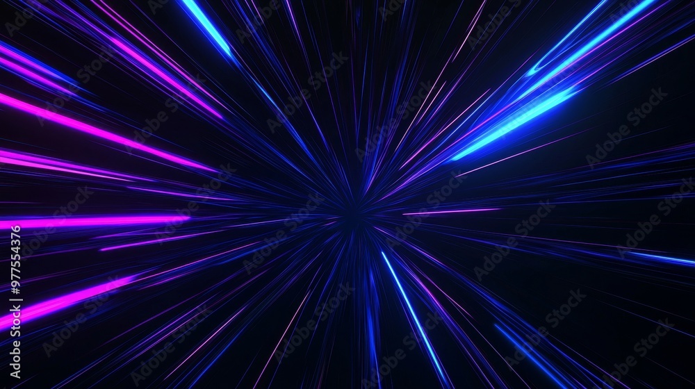 Poster This 3D rendering features a blue purple light line weaving through a dark background, and a hyperspeed warp in space.