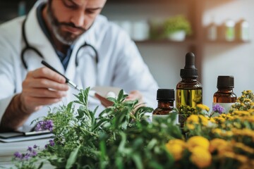 Male herbalist meticulously prepares natural remedies in a sunlit workshop surrounded by vibrant plants and essential oils