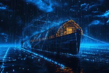 Abstract digital background of Noah's Ark from the biblical story, interwoven with data connections in blue and black tones.