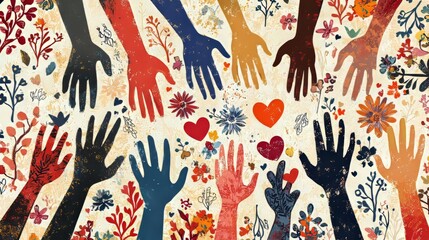 Colorful hands and hearts symbolizing health equity and access to healthcare for World Health Day.