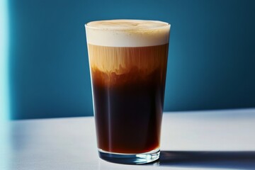 A refreshing glass of layered cold brew coffee displayed on a bright countertop in a cozy cafe setting during a sunny afternoon