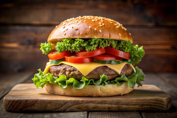Burger with cheese, tomatoes, red onions, cucumber and lettuce