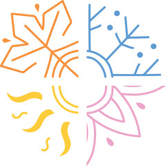 Four seasons summer, winter, spring, fall, autumn art. Seasons icons, signs, symbols. Flower, sun, leaves, snowflake.