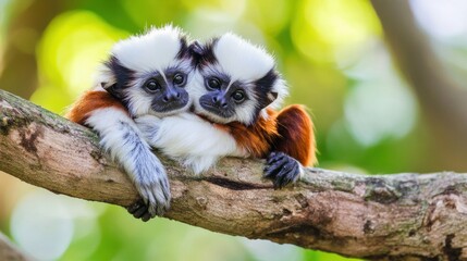 Obraz premium Two small monkeys are sitting on a tree branch together, AI