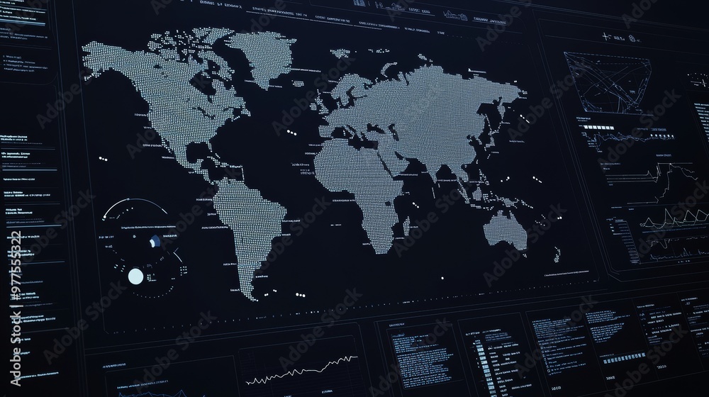 Aufkleber On a computer monitor, a world map is displayed with various data points