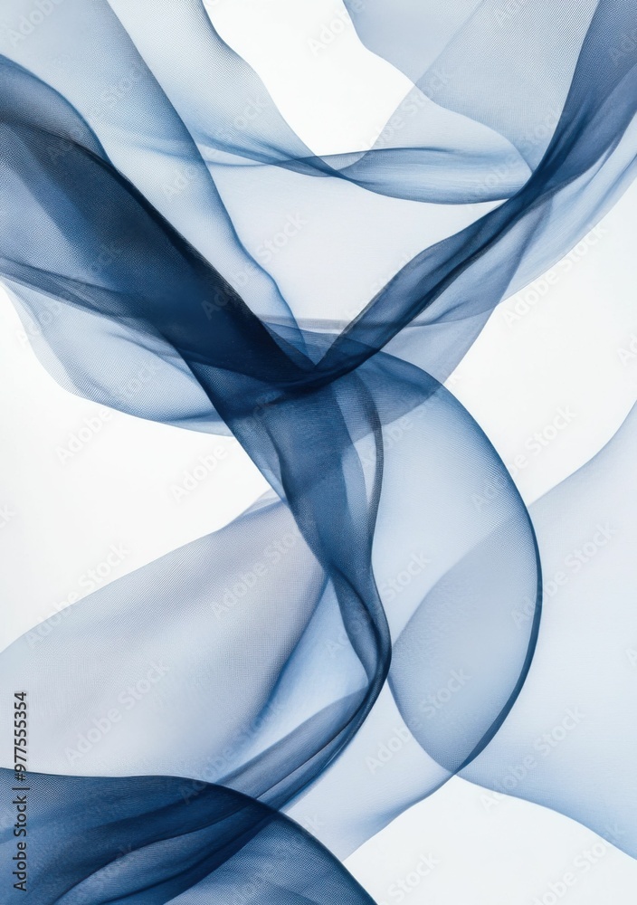 Wall mural A close-up of an abstract painting with soft, flowing lines in shades of blue and grey, creating the illusion that they form two intertwined ribbons or waves, symbolizing tranquility and calmness