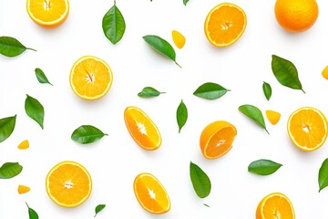 Obraz premium In the background, you can see a falling fresh orange slice with green leaves, a popular fruit that is high in nutrients and vitamins.
