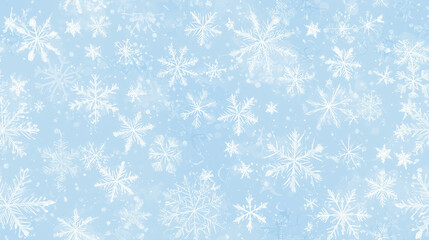 Seamless pattern of delicate snowflakes in various shapes and sizes, softly scattered on a pale blue background, creating a crisp and frosty effect