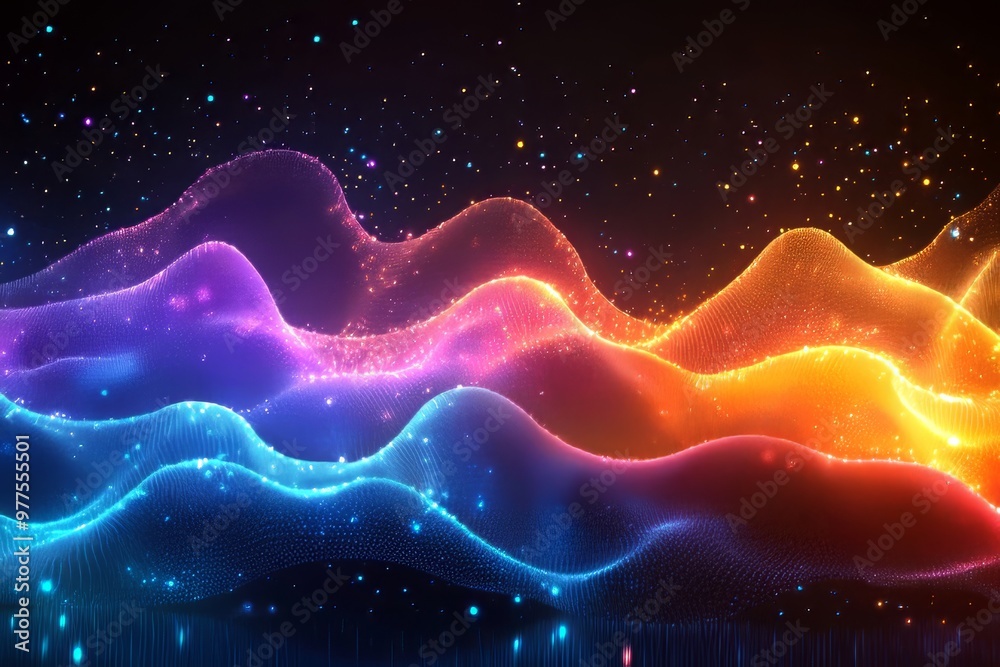 Poster a beautiful wave-shaped illustration. dynamic sound motion curve lines in a 3d format.