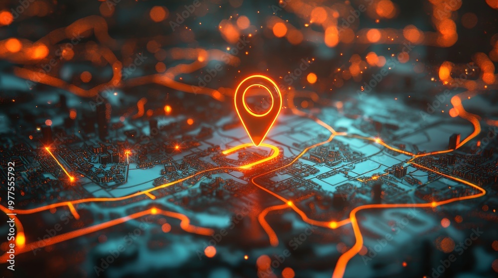 Poster Digital map showing a location with two pins, representing GPS's AI technology