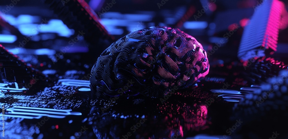 Poster Hud with digital brain holograms. AI machine deep learning concept. Business technology Internet network.