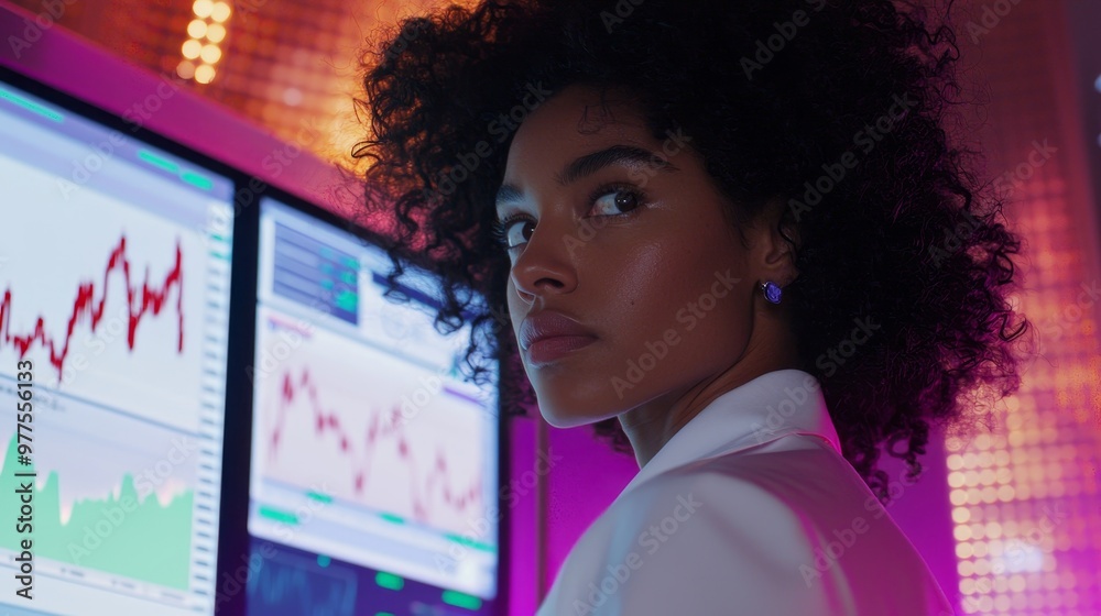 Poster Trader trading NFT or bit: Stock market hologram or hologram of a woman viewing a finance chart stock market database or futuristic night overlay for Web ecommerce or a girl trading forex hologram
