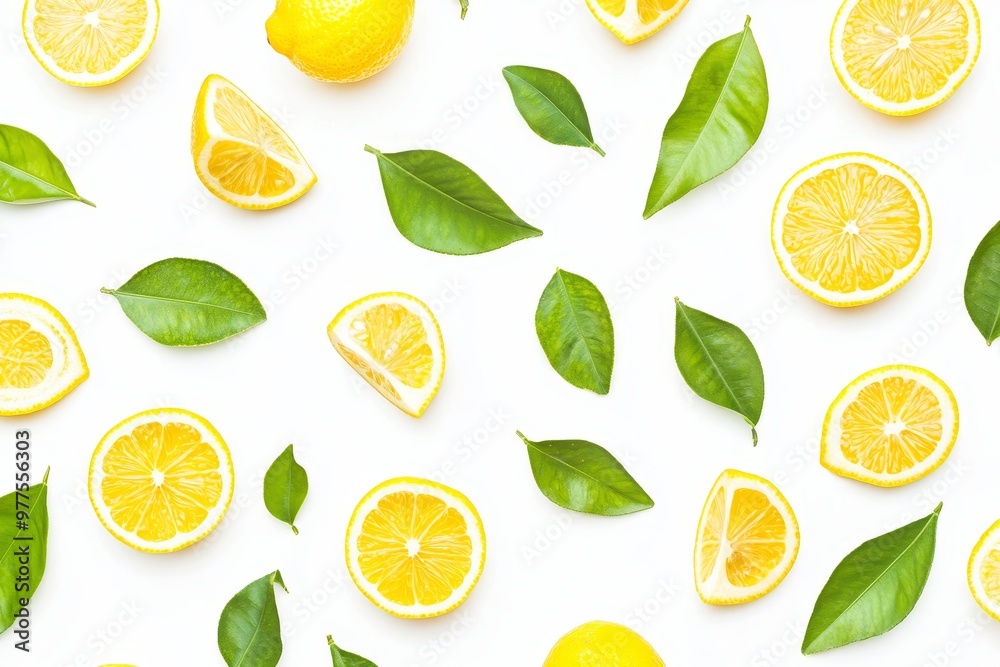 Aufkleber a lemon with a half slice and green leaves is isolated on a white background. this is a refreshing c