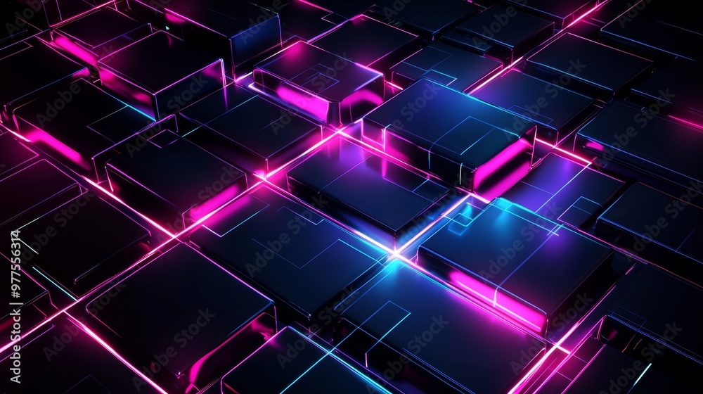 Poster Floating cube with abstract highway patch, neon pink speed light trail, 3D rendering concept.