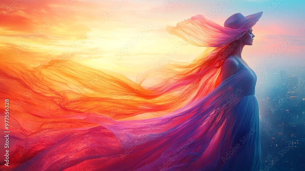 Poster with floating, abstract-colored fabric, this wallpaper takes on a three-dimensional appearance