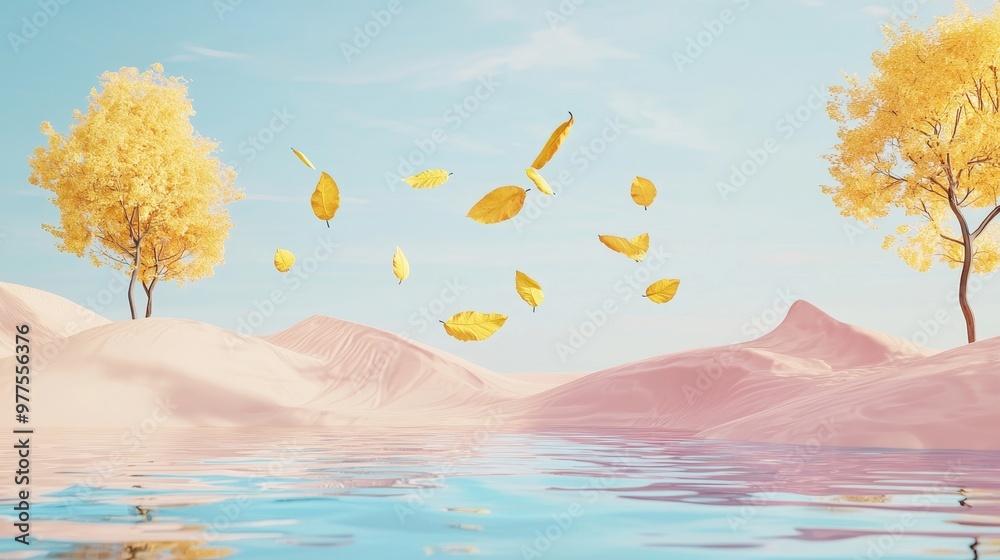 Poster rendering of an abstract surreal pastel landscape with a golden tree and flying leaves against a pas