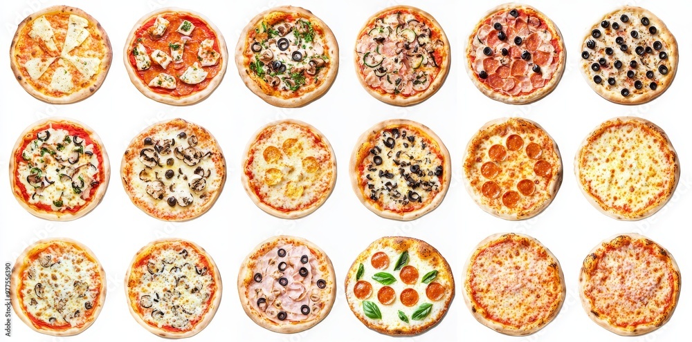 Poster an isolated flat view set of pizzas with different flavors over a white background. fast food dish, 