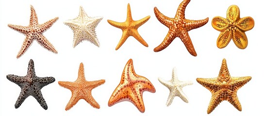 Starfish or sea star collection isolated on background, marine animals life.