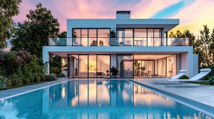 Fototapeta premium Swimming pool at sunset in a modern minimalist cubic villa.